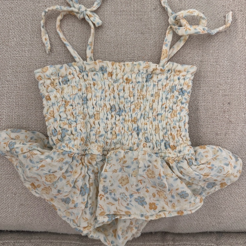 Angel Dear Cream, Light Blue & Tan Smocked Romper